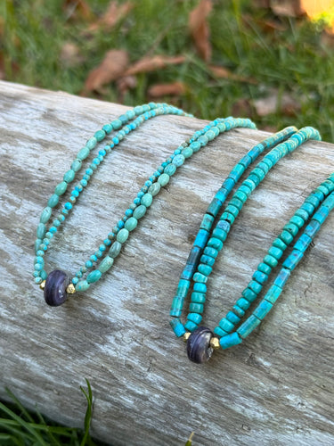 Double strand turquoise and wampum gold