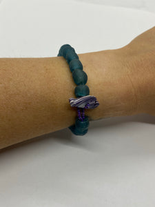 Aqua blue glass bead bracelet wampum clasp