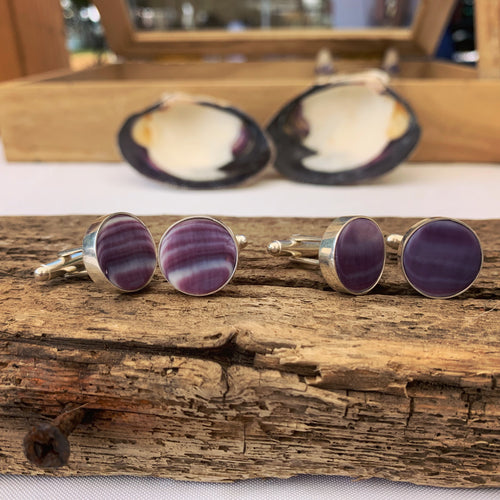 Wampum cuff links bezel set