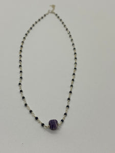 Black spinel and wampum bead necklace