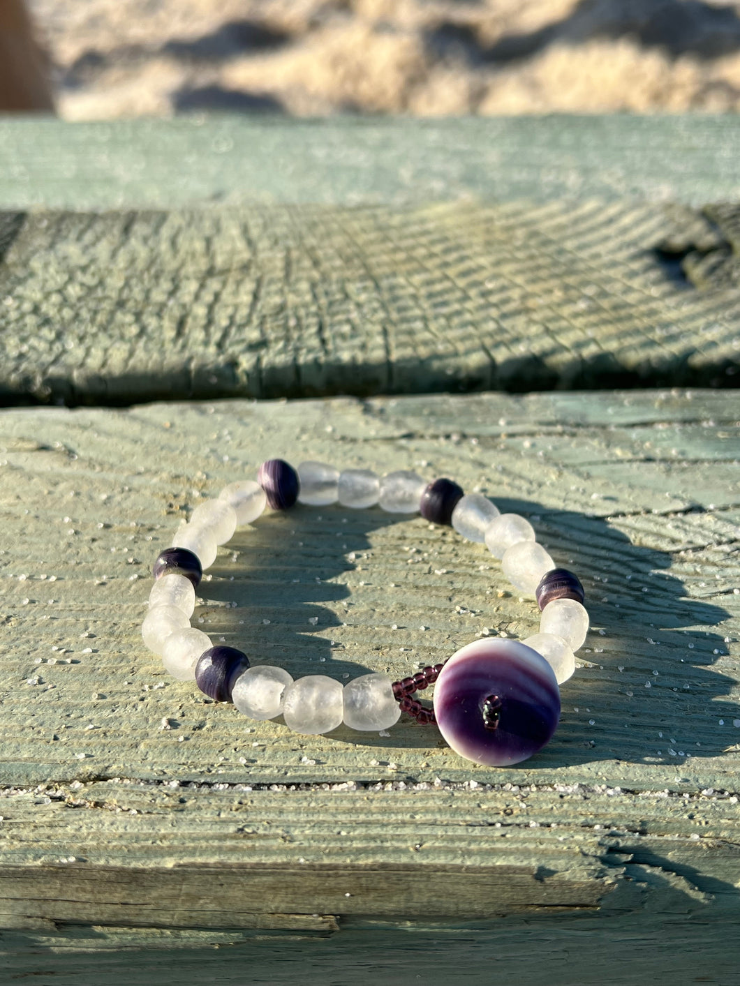 White sea glass and 5 bead bracelet